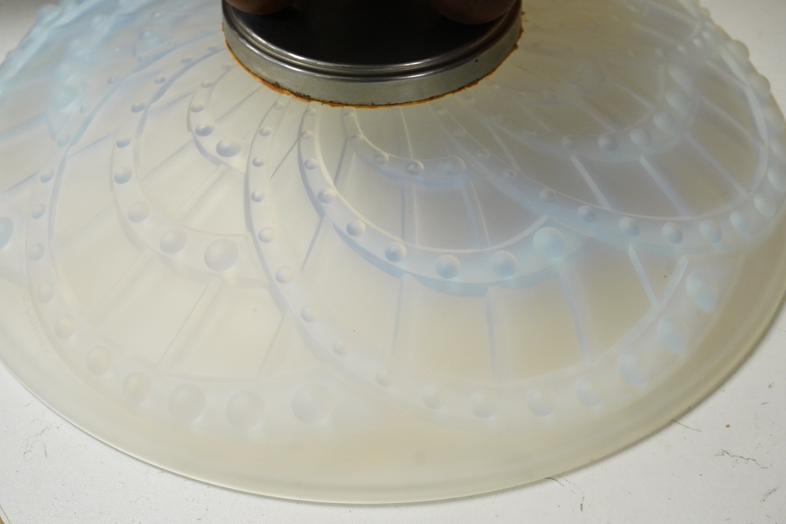 J Landier, a French Art Deco opalescent glass bowl on wooden pedestal base, 35cm in diameter